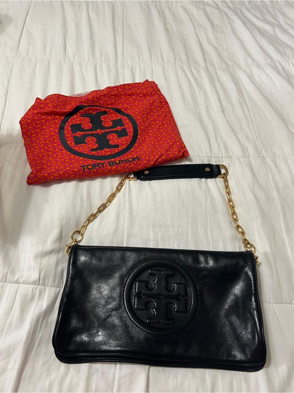 Tory Burch Black Leather Shoulder Bag with Gold Chain Strap